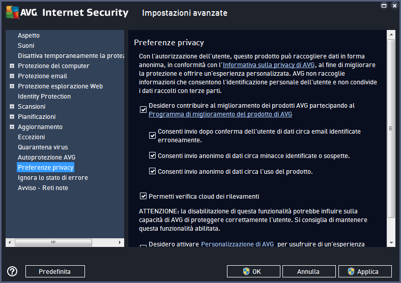 Nella finestra di dialogo sono disponibili le seguenti opzioni di impostazione: Desidero contribuire al miglioramento dei prodotti AVG partecipando al Programma di miglioramento del prodotto AVG