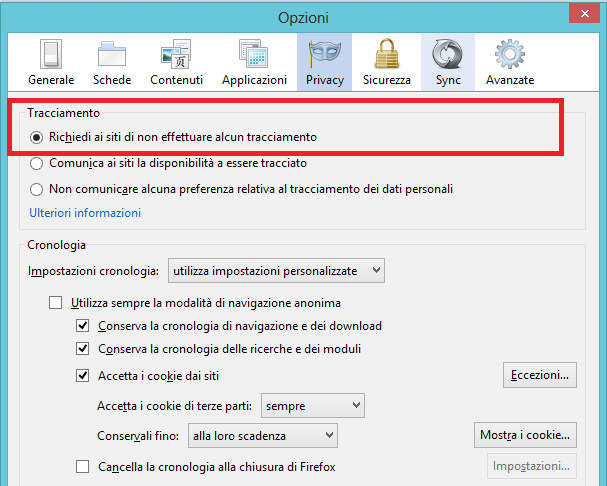 4. Nella scheda Privacy, nella sezione Tracciamento, selezionare Richiedi ai siti di non effettuare alcun tracciamento. I siti non sono comunque vincolati a seguire la richiesta.