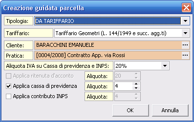 124 NOVA Studio Tecnico Creazione guidata parcella Con la medesima funzione è possibile specificare il cliente cui intestare il documento ed eventualmente la pratica correlata.