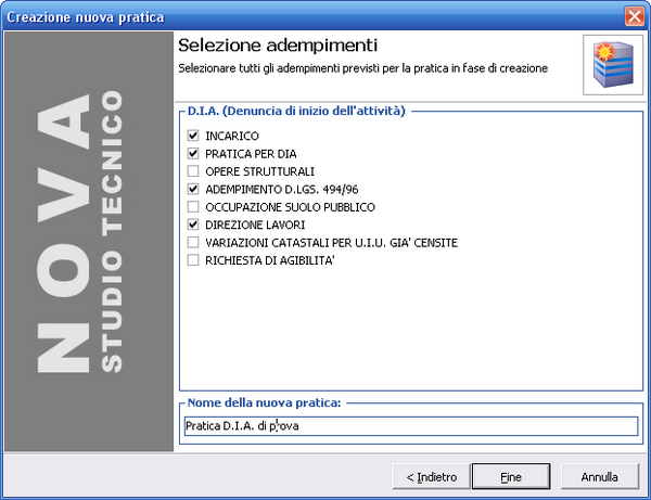 94 NOVA Studio Tecnico dell adempimento stesso con un doppio click. Naturalmente è possibile evitare tutte queste possibili scelte selezionando come tipologia (nella prima finestra) PRATICA GENERICA.