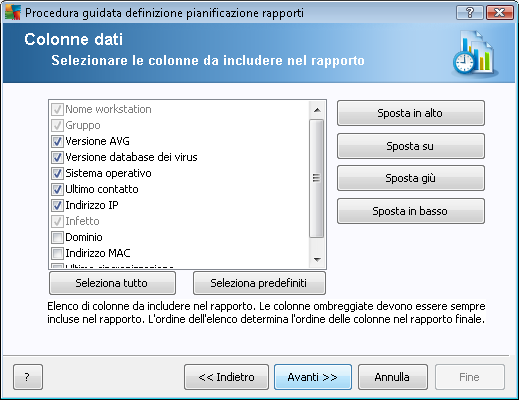 In questa finestra di dialogo scegliere le colonne da includere nel rapporto.