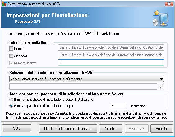 In questo passaggio è necessario definire i parametri di installazione seguenti: Informazioni sulla licenza: digitare i dati della licenza quali nome, azienda e numero di licenza (valore