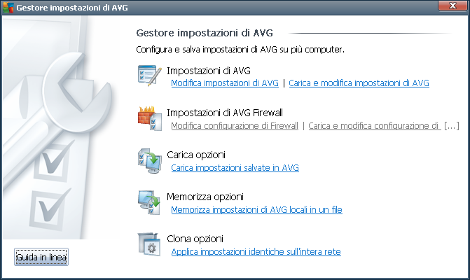 9. AVG Settings Manager Nota: questo strumento non è incluso in AVG Amministrazione remota ed è disponibile come parte dell'installazione (client) di AVG.