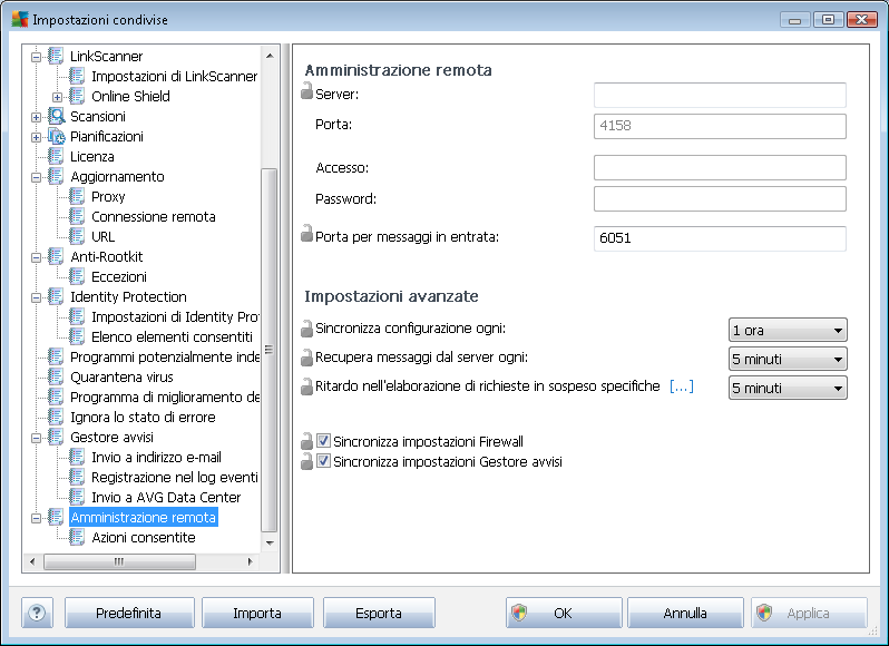 10.1.3. Amministrazione remota Le impostazioni di Amministrazione remota disponibili in AVG Admin Console contengono alcune opzioni aggiuntive rispetto alle impostazioni della workstation.