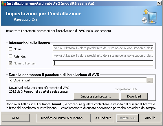 In questo passaggio è necessario definire i parametri di installazione seguenti: Informazioni sulla licenza: digitare i dati della licenza quali nome, azienda e numero di licenza (valore