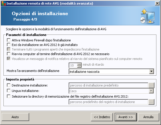 Nella sezione Parametri di installazione è possibile scegliere tra le seguenti opzioni: Attiva Windows Firewall dopo l'installazione: se non viene installato il componente AVG Firewall, è possibile