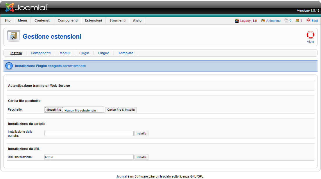 Se tutto è andato bene uscirà il seguente messaggio: Figura 22: Interfaccia di Joomla, estenzione installata con successo altrimenti al posto del messaggio di successo, uscira il nome dell'errore