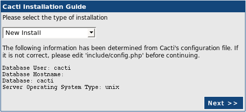 Figura 33: Wizard install di cacti, prima pagina In questa pagina permette di indicare se è una nuova installazione o un aggiornamento, fecendo