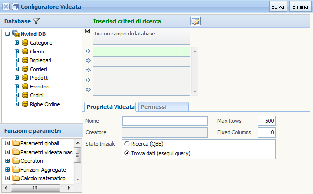 Visual Query Builder Definizione delle proprietà della videata Le proprietà che si possono definire nella scheda relativa sono le seguenti: 1) Nome: è il nome della videata usato nei menù e nell