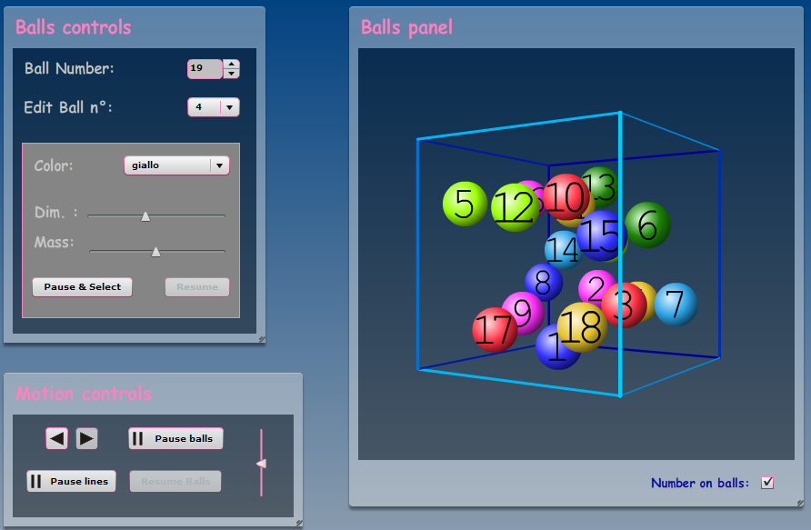 CAPITOLO 4. SIMULATORE 3D DI URTI ELASTICI 37 Figura 4.1: Screenshot del simulatore. 4.2 Modello matematico Ad ogni vertice del cubo vengono assegnati delle coordinate nello spazio tridimensionale in modo tale che il baricentro del medesimo sia centrato nell origine.