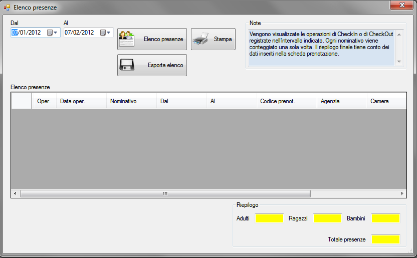 Si inserisce il periodo di analisi, nell esempio 01/08/2011 31/08/2011, quindi si preme su Elenco presenze, nella griglia centrale vengono visualizzate le operazioni di CheckIn (I) e CheckOut(O),