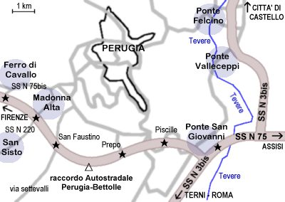 Autostrada A14 "Adriatica" Da Nord: Da Rimini procedere in direzione di Città di Castello e poi seguire le indicazioni per Perugia Da Fano procedere in direzione di Gubbio, poi seguire le indicazioni