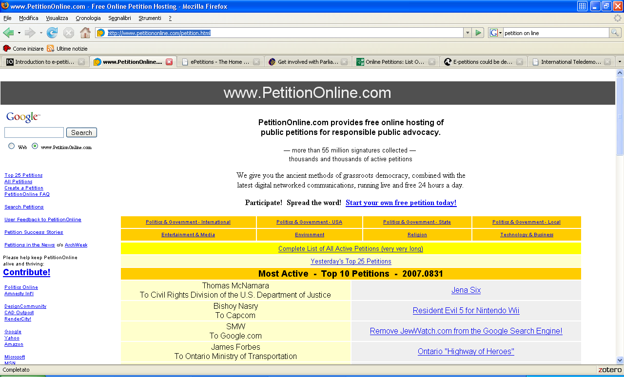 7.6. Sistemi di e-petitioning informale: il portale PetitionOnline e altri siti Nella trattazione delle petizioni non si può dimenticare l'aspetto esclusivamente bottom-up, ovvero l'insieme delle