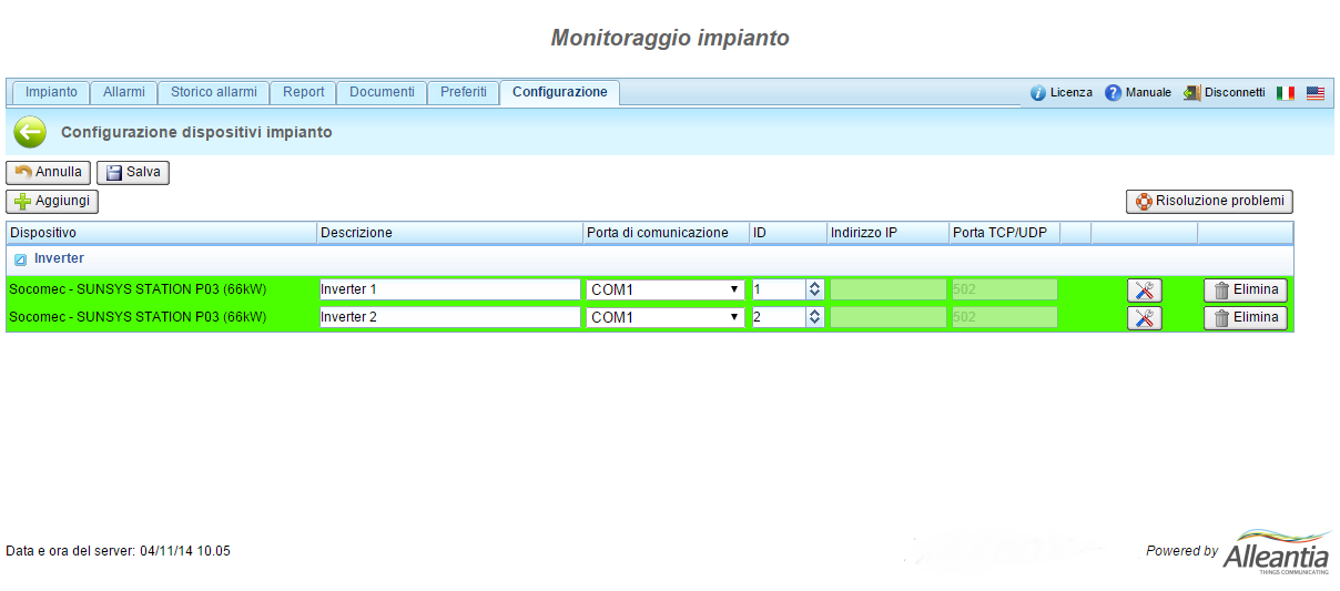 La lista contiene tutti i dispositivi supportati dal IOT SCADA e può essere ordinata e filtrata per produttore, modello e versione al fine di facilitare la ricerca.