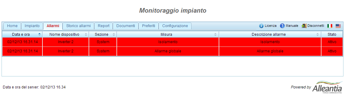 Figura 55 - Allarmi in corso Nel caso in cui non sia presente nessun allarme, sarà visualizzato il messaggio Nessun allarme in corso.