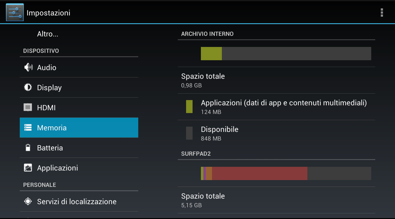 IMPOSTAZIONI MEMORIA La sezione Memoria fornisce informazioni sulla memoria interna ed esterna (scheda SD) del dispositivo: spazio totale, utilizzato e libero.