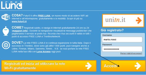 Il servizio consente la navigazione gratuita connettendosi alla rete FREE LUNA tramite registrazione L indirizzo IP di