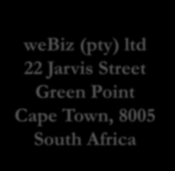 Contatti webiz (pty) ltd 22 Jarvis Street Green Point Cape Town, 8005 South Africa Sede di Città del Capo Fabio Valsasina, +27 (0) 79 179 7812