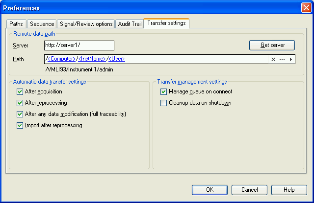 Concetti di base 2 Preferenze Preferenze La finestra di dialogo Preferences contiene due schede che riguardano il sistema Data Store: la scheda Transfer Settings e la scheda Audit Trail.