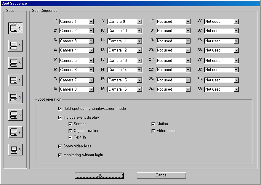 Digital Video Recorder 8. Spostarsi su Spot e cliccare sull icona Spot del monitor che si vuole impostare. Il numero di monitor disponibili dipende dal tipo di DVR (No (0), uno, quattro o otto). 9.