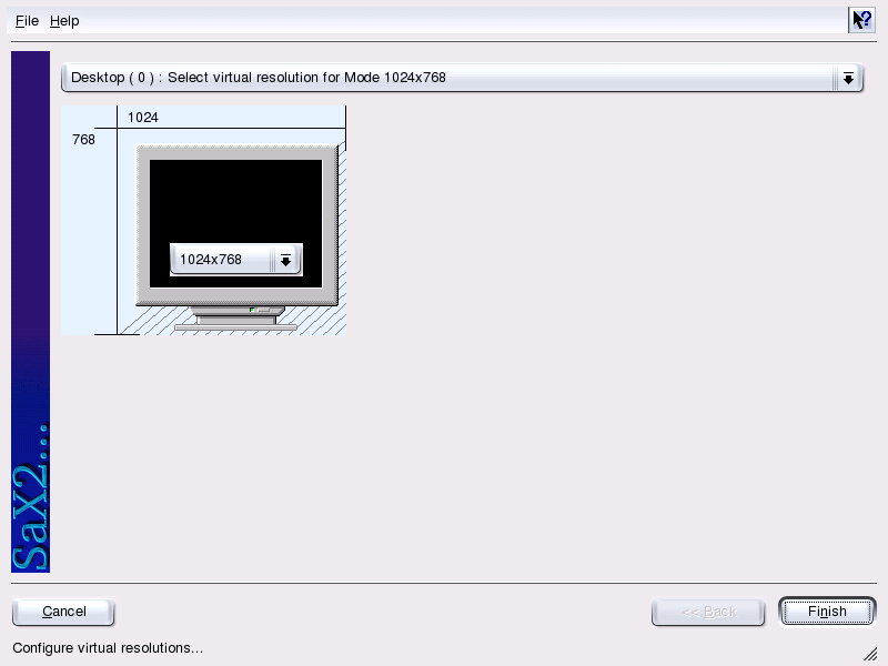 Figura 4.13: SaX2: impostare la risoluzione virtuale tasto sinistro del mouse e spostate contemporaneamente il mouse, per modificare le dimensioni di griglia del monitor.