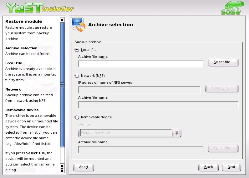 4YaST: Configurazioni Figura 4.28: YaST: la finestra di partenza del modulo di restore Attenzione Normalmente, questo modulo installa, sostituisce e cancella molti pacchetti e file.