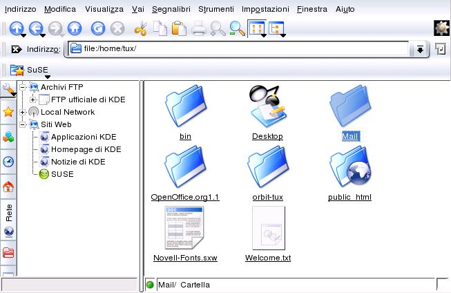 avviare il programma, cliccate sul simbolo con la casetta, nella barra di controllo. Si aprirà una finestra di Konqueror con il contenuto della vostra home directory.
