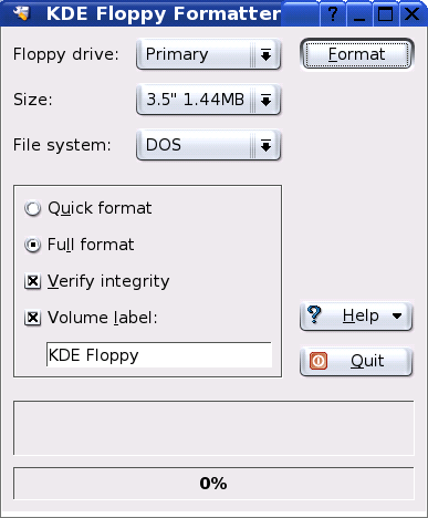 Figura 5.6: Il formattatore KFloppy Con Verifica, potete far verificare la formattazione. Attivando la casella Etichetta dischetto, potete poi dare un nome al dischetto nell apposita riga in fondo.