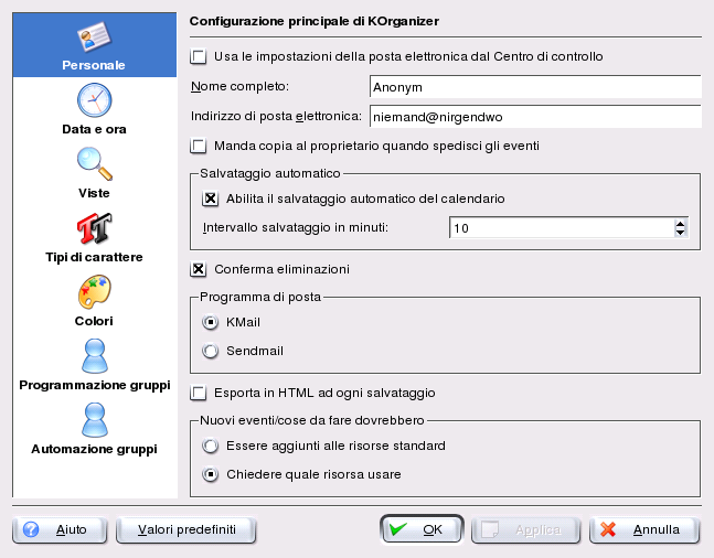 Per salvare automaticamente i vostri appuntamenti, ogni volta che uscite da KOrganizer, selezionate l opzione Abilita il salvataggio automatico del calendario.