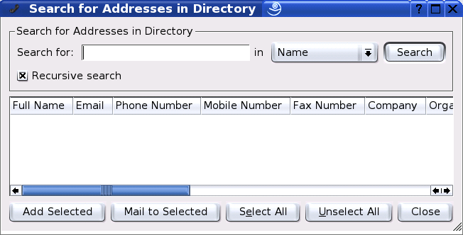 11Amministraregli indirizzi con KDE Address Book ricerca (numero di telefono, nome o indirizzo e-mail). Poi, immettete, nella riga a fianco, la stringa da cercare.