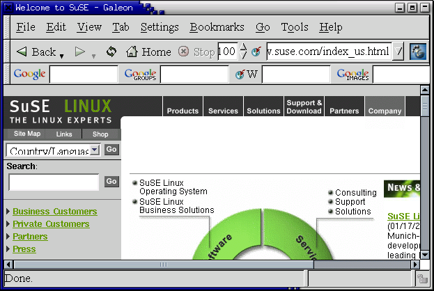 Figura 13.1: La finestra principale di Galeon Nella prima barra degli strumenti di Galeon, trovate le principali funzioni di navigazione del browser.