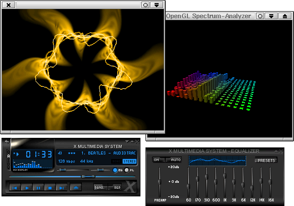 19Il sound su Linux Figura 19.7: xmms con equalizzatore, lo spectrum Analyzer "OpenGL" ed i plugin "Infinity".