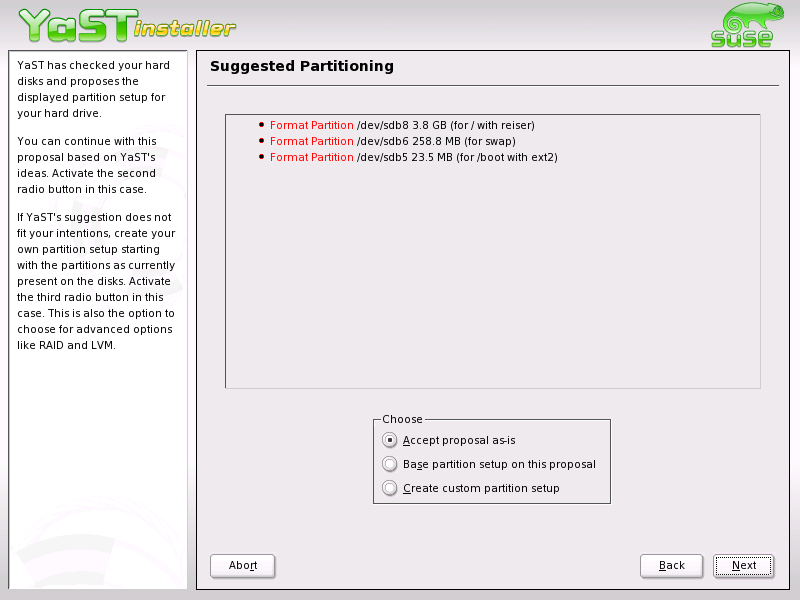 Tenete in considerazione che alcuni programmi (per lo più commerciali) installano i loro dati su /opt; è quindi sempre bene destinare una partizione a /opt o create una partizione root più abbondante.