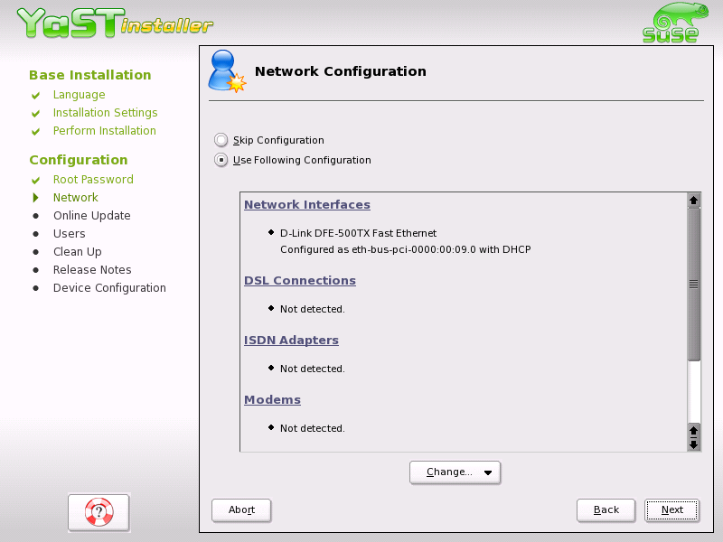 2Installazione personalizzata Figura 2.14: Configurazione dei network device se Note dal server di SuSE, che vengono mostrate sullo schermo alla fine dell installazione.