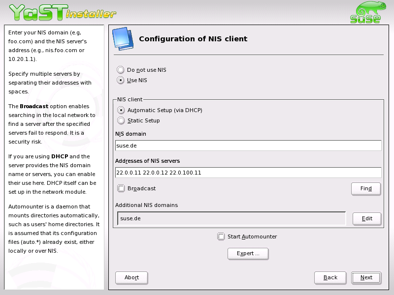 Figura 2.17: La configurazione dell NIS-client DHCP nel Manuale di amministrazione. Se il client dispone di un indirizzo IP statico il dominio NIS e il -server devono essere immessi manualmente.