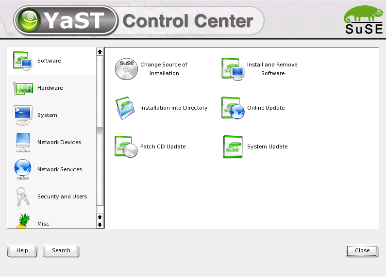 4.2 Il centro di controllo di YaST Su YaST nel modo grafico, invece, appare prima di tutto il centro di controllo di YaST (Fig. 4.1).