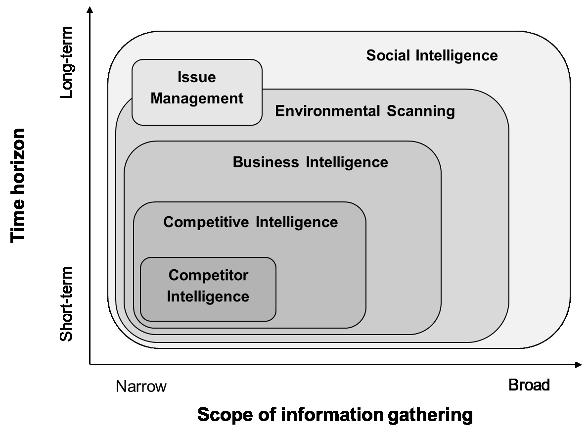 Figura 11 - Forme organizzative di raccolta di informazioni esterne (Savioz, 2005) Per evitare confusione tra i precedenti termini accogliamo la definizione proposta da Savioz (2004) che considera la