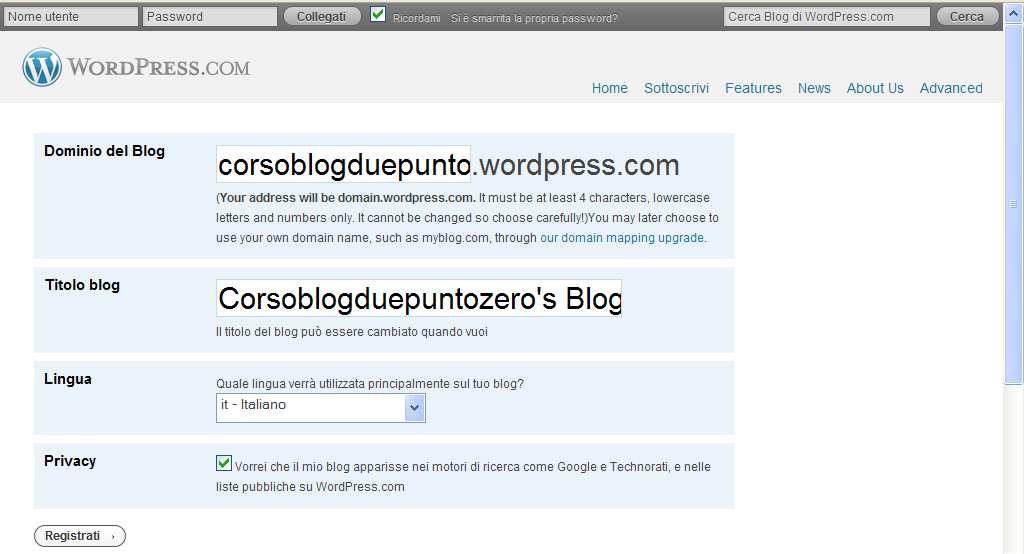 (se non vuoi avere un tuo blog su WP ma vuoi soltanto partecipare ad altri blog di WP, clicca su Solo