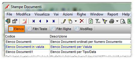 9.5.3 Report Sono state aggiunte alcune nuove stampe riepilogative ed aggiunte alcune informazioni su altre già esistenti 9.5.4 Elenco documenti in valuta (Aggiunta) La stampa riporta informazioni riepilogative su alcuni valori presenti nei documenti, quali spese accessorie, imponibile e totale documento.