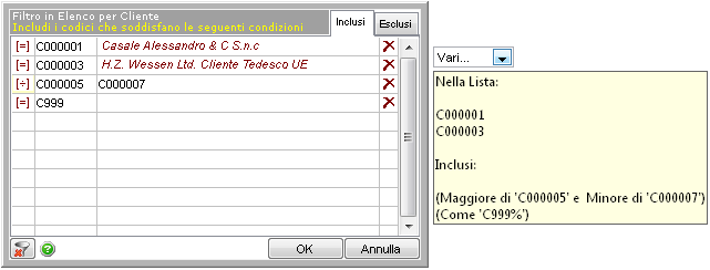 2.1.2 Condizioni multiple Nell immagine riportata sotto si vede come sia possibile usare anche le quattro condizioni di filtraggio Come, Uguale a, Da A e Vuoto per la creazione della lista dei codici