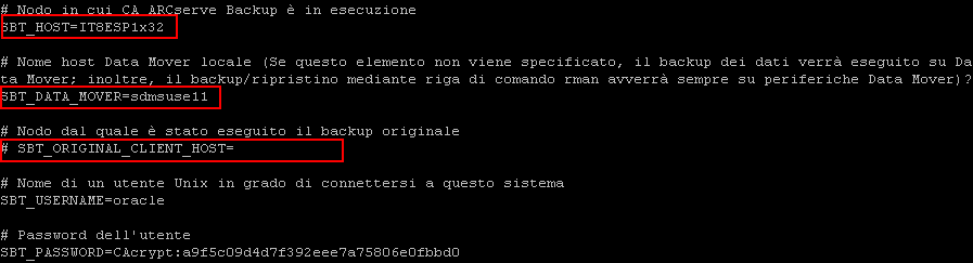 Procedure consigliate per proteggere i dati di Oracle 5. Dalla directory principale dell'agente per Oracle sul server dell'utilità di spostamento dati, aprire il file di configurazione sbt.cfg.