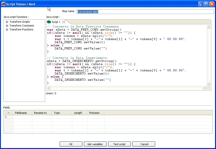 molti altri RDBMS. L'uso del componente Modified Java Script Value effettua la conversione dei campi dal formato gg/mm/aaaa al formato aaaa-mm-gg 00:00:00 10 usando uno script Java Script.