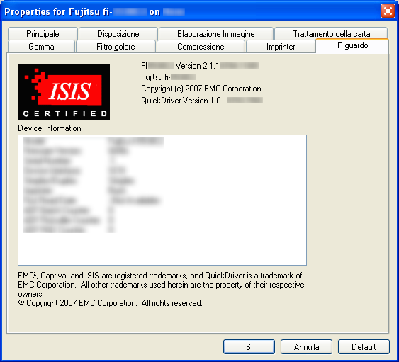 1.4 Come utilizzare il driver dello scanner Scheda [Riguardo] 1 Su questa scheda, si possono visualizzare informazioni riguardo ISIS