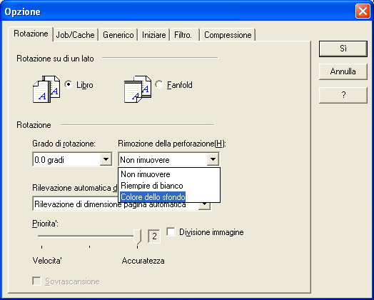 2.13 Rimuovere i buchi dall immagine Se si seleziona un impostazione diversa da [Rilevazione di dimensione pagina automatica] o [Sfondo Nero], [Rimozione della perforazione] non è attiva. 2 5.