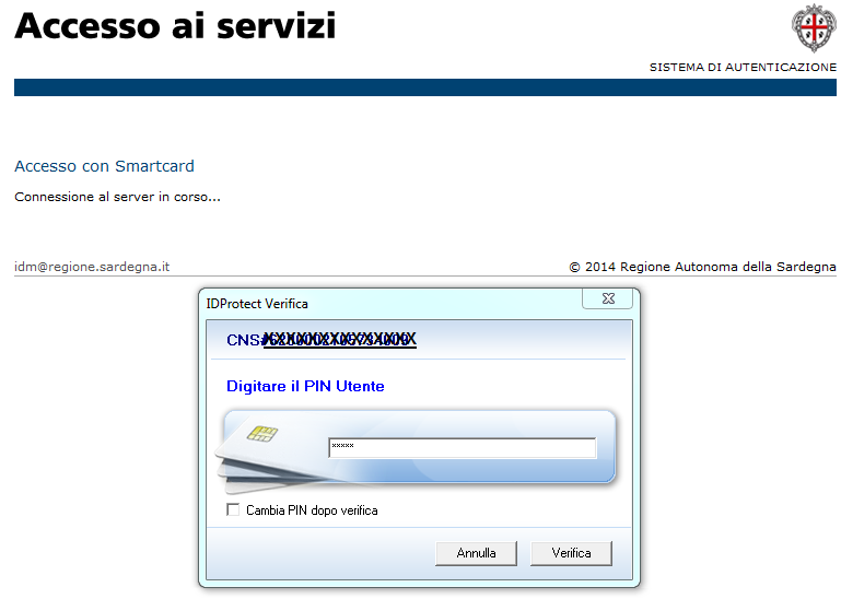 - premere il tasto OK per confermare il certificato visualizzato (si attiva la finestra IDProtect Verifica) - inserire il PIN Utente - premere il tasto Verifica.