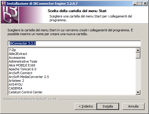 Cartella A questo punto, è possibile specificare il collegamento a IBConnector dal menu start. Dopodiché, premendo il pulsante Installa, l'applicazione verrà installata secondo i parametri impostati.