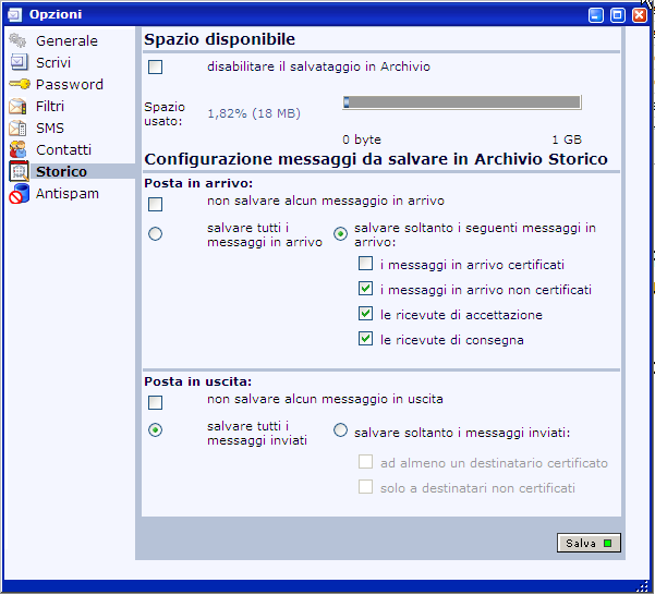 3.7 Opzioni: Storico La normativa impone ad InfoCert, quale gestore del servizio di Posta Certificata, di tenere traccia per trenta mesi dei messaggi in entrata ed uscita dal sistema.
