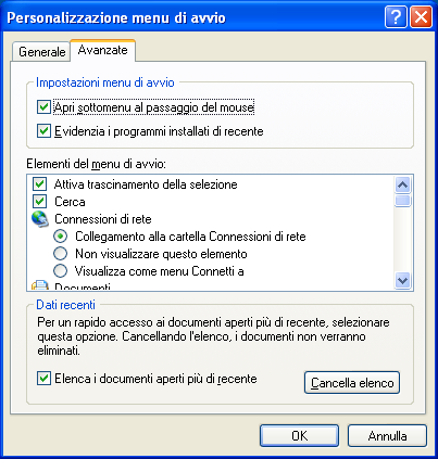 Nella scheda Avanzate seleziona le cartelle più comuni disponibili Ecco le varie opzioni: 1. Attiva trascinamento della selezione 2. Cerca 3. Connessione di rete 4.