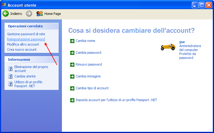 Reimpostazione password Si apre la wizard di