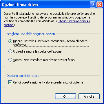 Nella finestra Firma driver clic su Ignora.